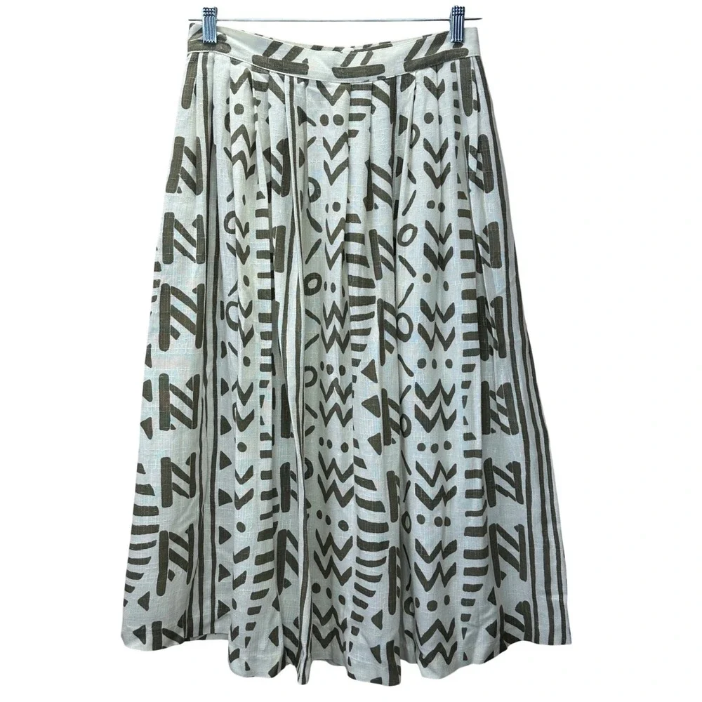Rumours VTG Tribal Geometric Midi Skirt White Olive Rayon‎ Flax Blend 11/12 USA